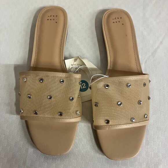 A New Day Women 12 Beige Elain Rhinestone Memory Foam Insole Mesh Slide Sandals - Picture 2 of 6